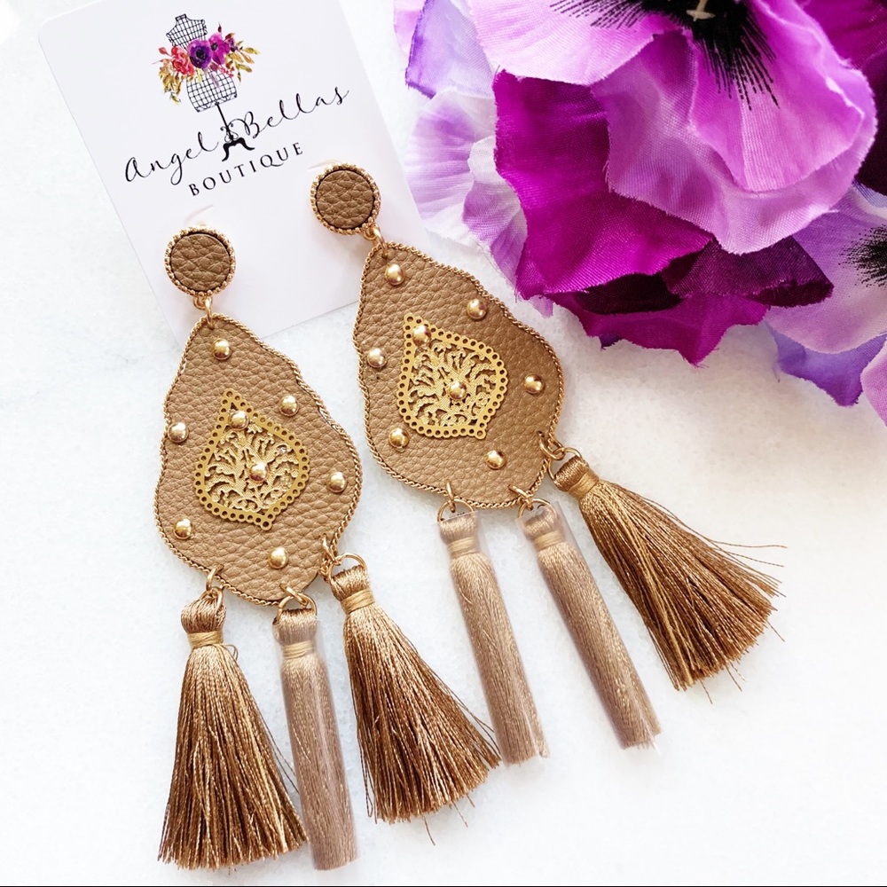 Studded Brown Leather Triple Tassel Earrings - Picture 4 of 7